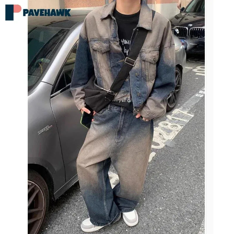 High Street Retro Denim Set Man Woman Wash Distre Cowboy JacketsCasual Baggy Lignet Jeans Ensembles Automne Retro Retro Two Piece Costumes 240419