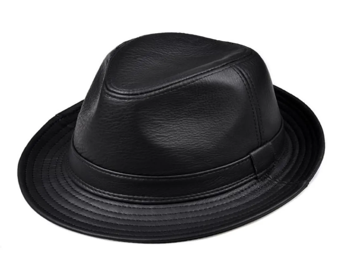 Breda brim hattar mode äkta läder gentleman fedora hatt män höst vinter solid svart vintage pappa chapeau cowhide cap panama jazz6821636