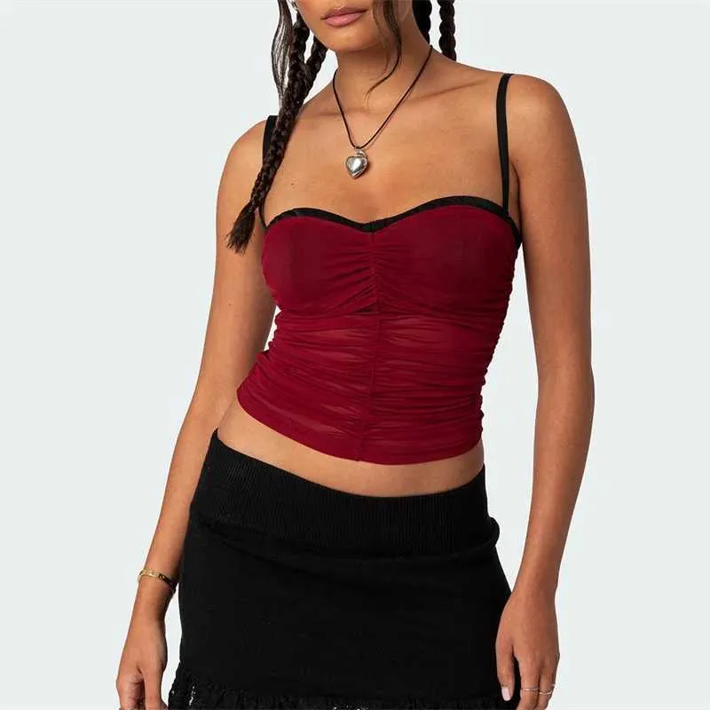 Women's Tanks Camis Xingqing y2k Tops 2000s Vest Summer Women Contrast Color Spaghetti Strap Slveless Backless Ruched Mesh Camisole Strtwear Y240420
