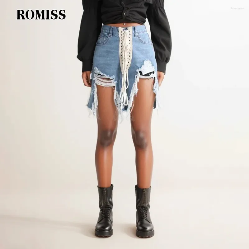 Damesshorts Romiss Streetwear Patchwork Vower Up Denim voor vrouwen hoge taille gesplitste zakken Casual Slimming korte broek vrouw