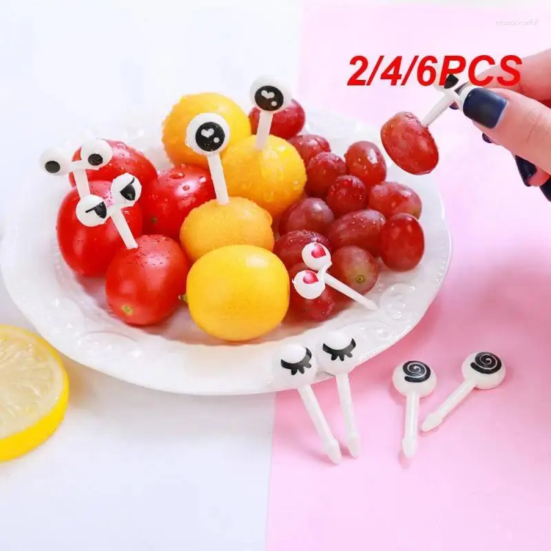 Fourks 2/4 / 6pcs Mini Eye Cartoon Picks For Kids Fruit Fruit Fork Bento Box Decor Reusable Enfants Snack Cake Cake Dessert