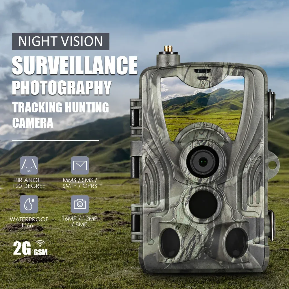 Câmeras 2G MMS SMS SMTP TRAIL Câmera de vida selvagem 20MP 1080p Visão noturna Câmeras de caça móvel celular HC801M Carregador de painel solar