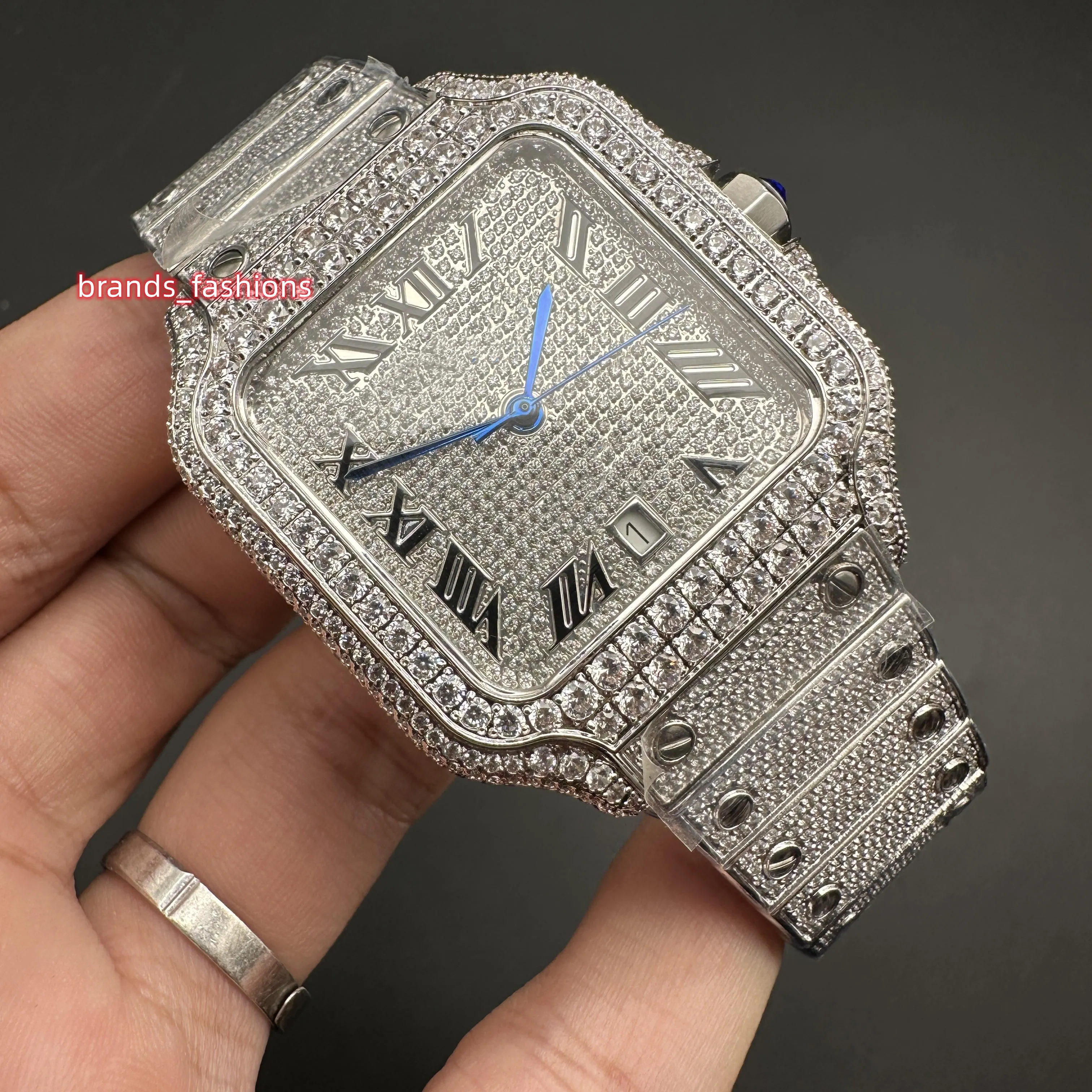 Mans iced out Diamond Watch Side Full Diamond Silver Rostfritt stål Case Romannumerals Cz glänsande bra automatisk rörelse Hip Hop