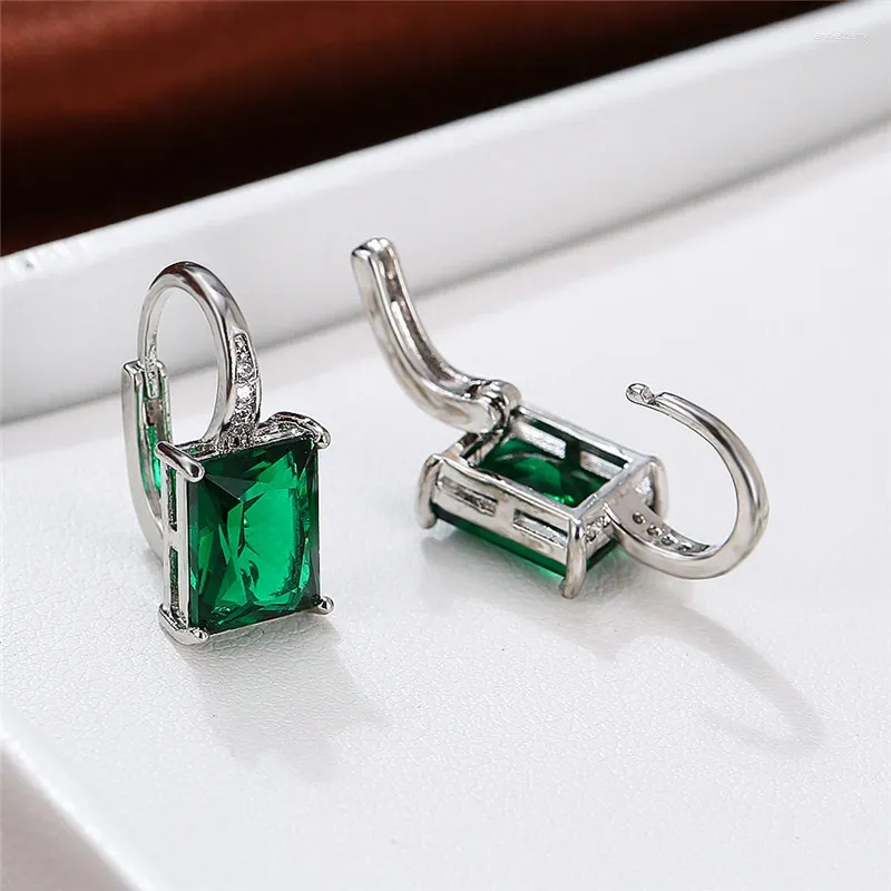 Boucles d'oreilles arrière Crystal Crystal Small Vintage Silver Color Clip de mariage Green Zircon Square Stone Bijoux pour les femmes