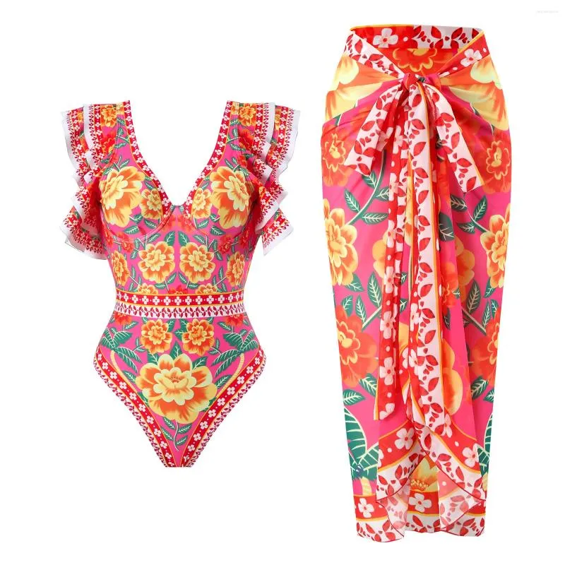 Frauen Badebekleidung 2024 sexy Rüsche ein Stück Badeanzug Rock Sommer Frauen Vintage Bikinis Print Beachwear Kleid Monokini Bath Anzug