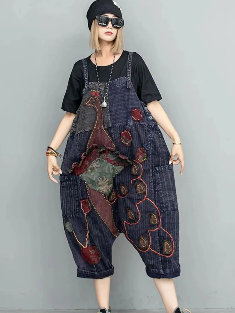 Kvinnors jeans Autumn Ladies Retro Splicing Streetwear Jumpsuits Leisure Peacock Mönster Elastisk midjeficka ärmlösa en bit byxor