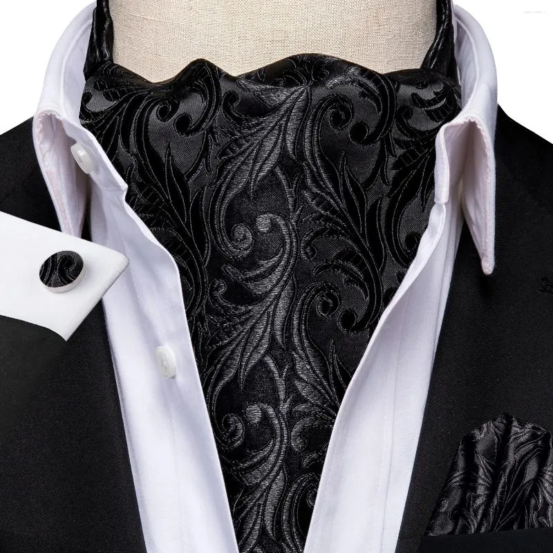 Bow Ties Hi-tie Silk Black Mens Ascot Tie kieszonkowe Square Mankiety Ustaw Jacquard tkanin Cravat dla męskich drużbów Wedding Business