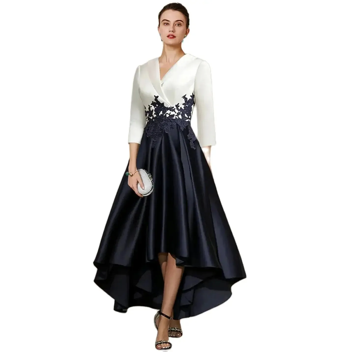 Elegante hi-lo satin spitzen Mutter der Brautkleider mit Taschen A-Line 3/4 Ärmel plissierte asymmetrische Länge Mutter des Bräutigamkleides Godmutter Kleid für Frauen