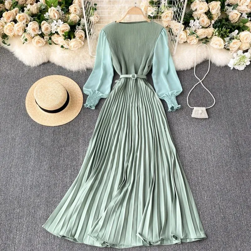 Lässige Kleider mit Gürtel 2024 Frühling Herbst Frauen langes Faltenkleid Puffärmel Elegante Chiffon Frau eine Linie großer Saum Maxi Vestidos