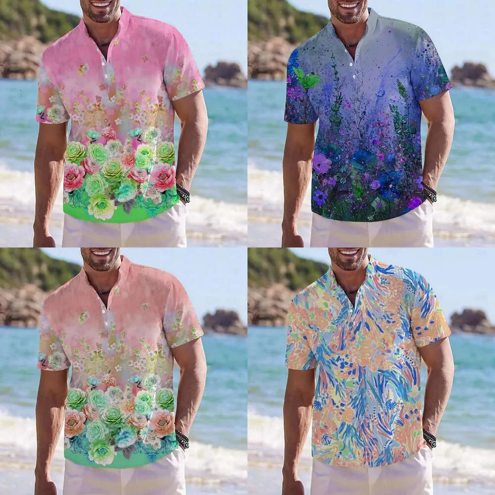 Nieuwe lente/zomer polo heren 3D gedrukt Henley Holiday Hawaiian Button Short Sheeved shirt