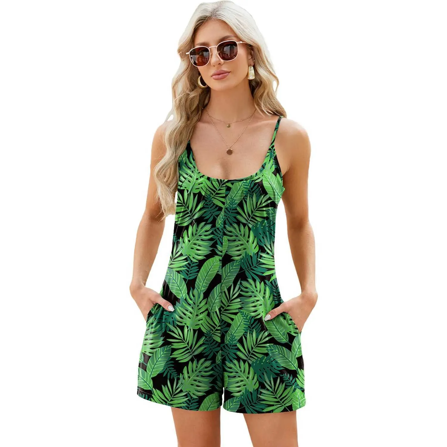 Urban Sexy Dresses 2024 Summer New Womens Fashion Brief Sleeveless Printed Jumpsuit With Pockets Elegant Rompers Female Casual Loose Playsuits Y240420