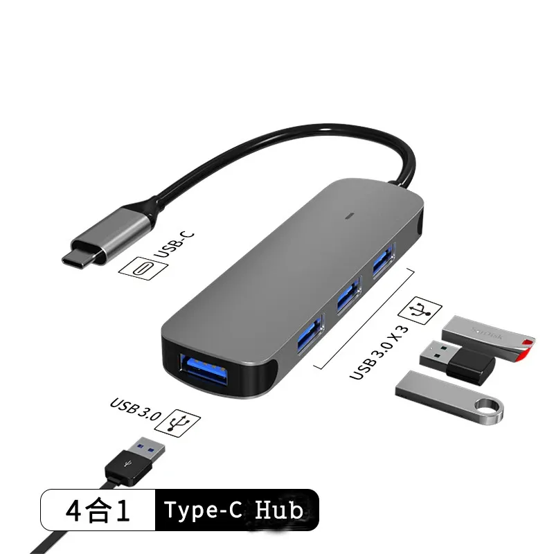 Hubs 4 em 1 USB 3.0 Hub 5 Gbps de alta velocidade Tipo C Docagem de dock Splitter Multiport para MacBook Air Pro Acessórios de computador