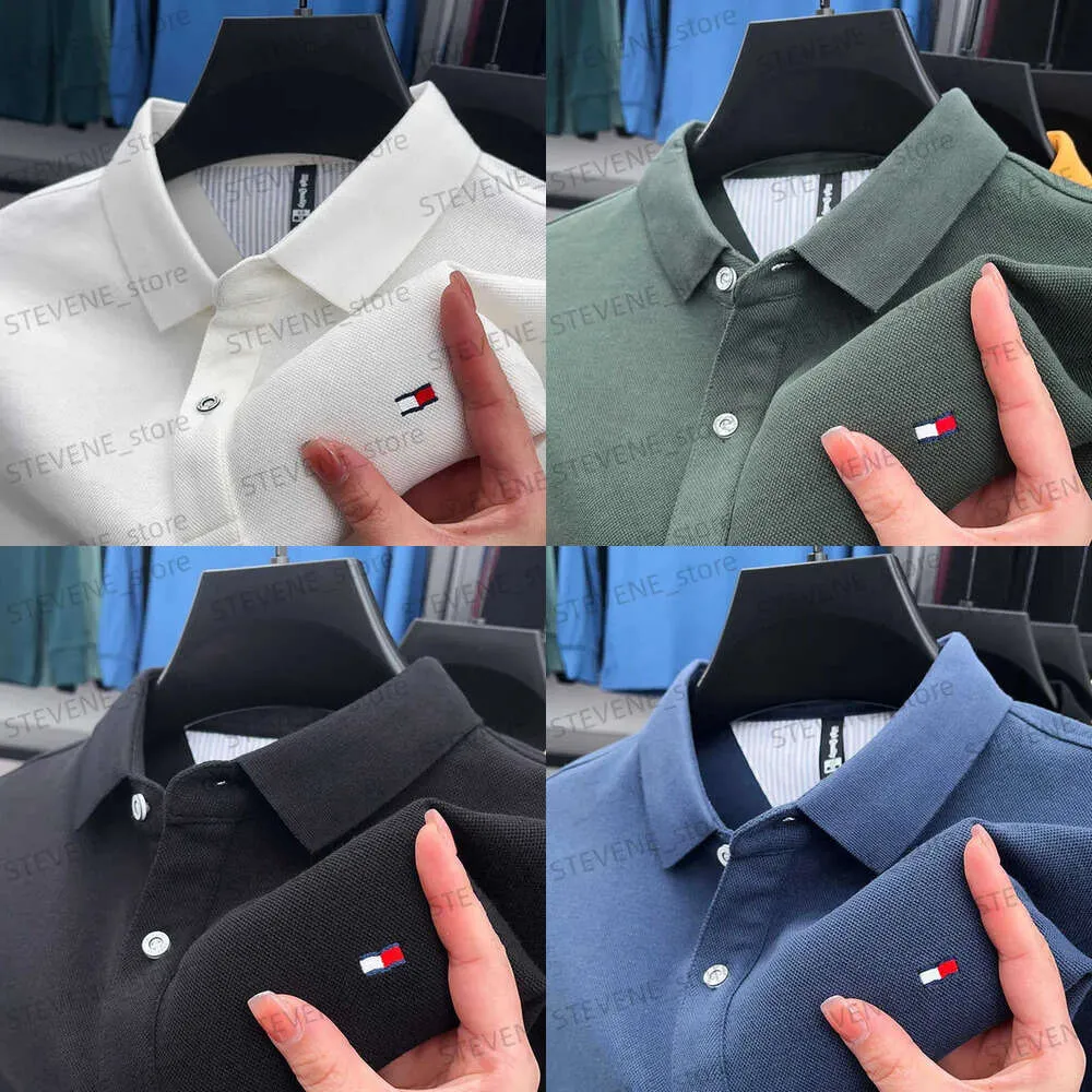 100% polos de qualité coton Polo Men's Polo Automne Automne Nouveau revers Broderie à manches longues Mode coréenne Mode anti-piluls Menswear T231120