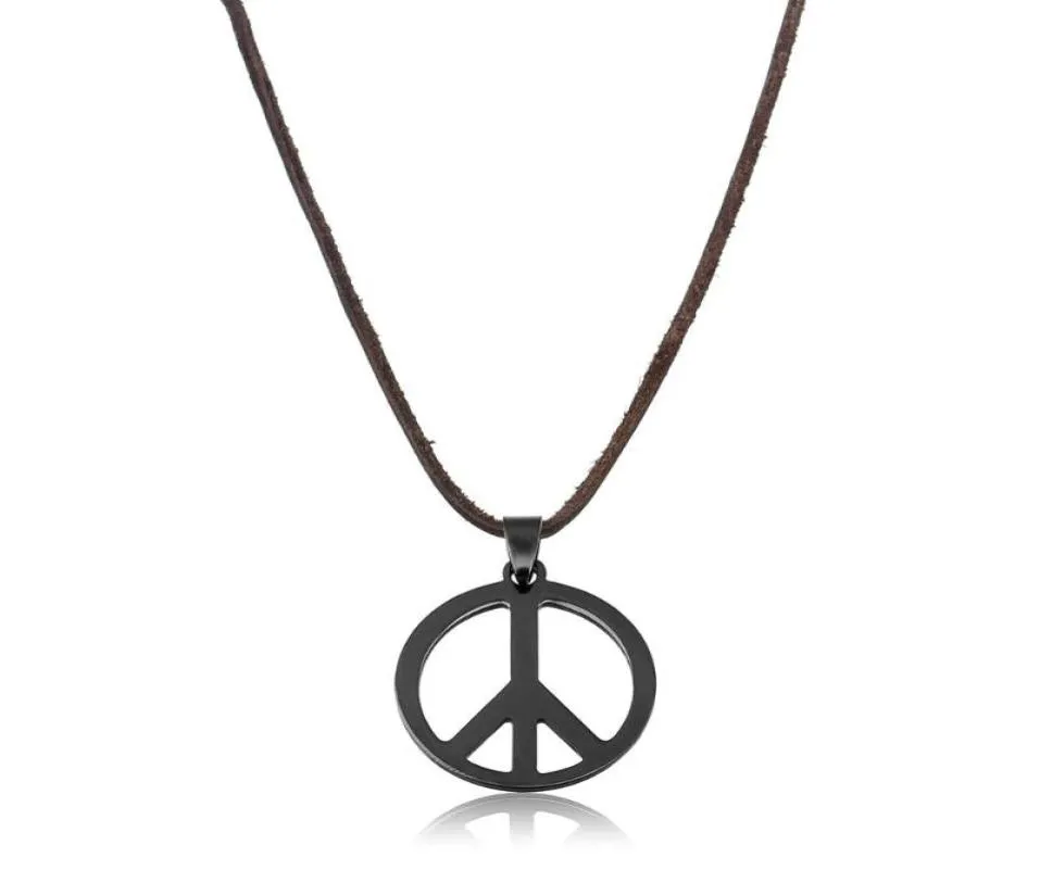 Anhänger Halsketten 2021 schwarzer Edelstahl Hohlloch Friedensanhänger für Männer lieben Hippie Punk lange echte Leder Halskette Je1956879