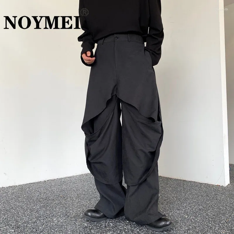 Herenbroek Noymei trendy donkere stijl gepersonaliseerde dubbele laag ontwerp wijd been rechte broek geplooDed lange gegolfde wa4314
