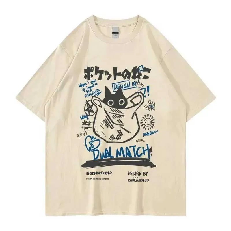 T-shirts masculins T-shirt de coton imprimé Kawaii Cat Coton Summer Cartoon court Slve Harajuku T-shirt Men surdimension