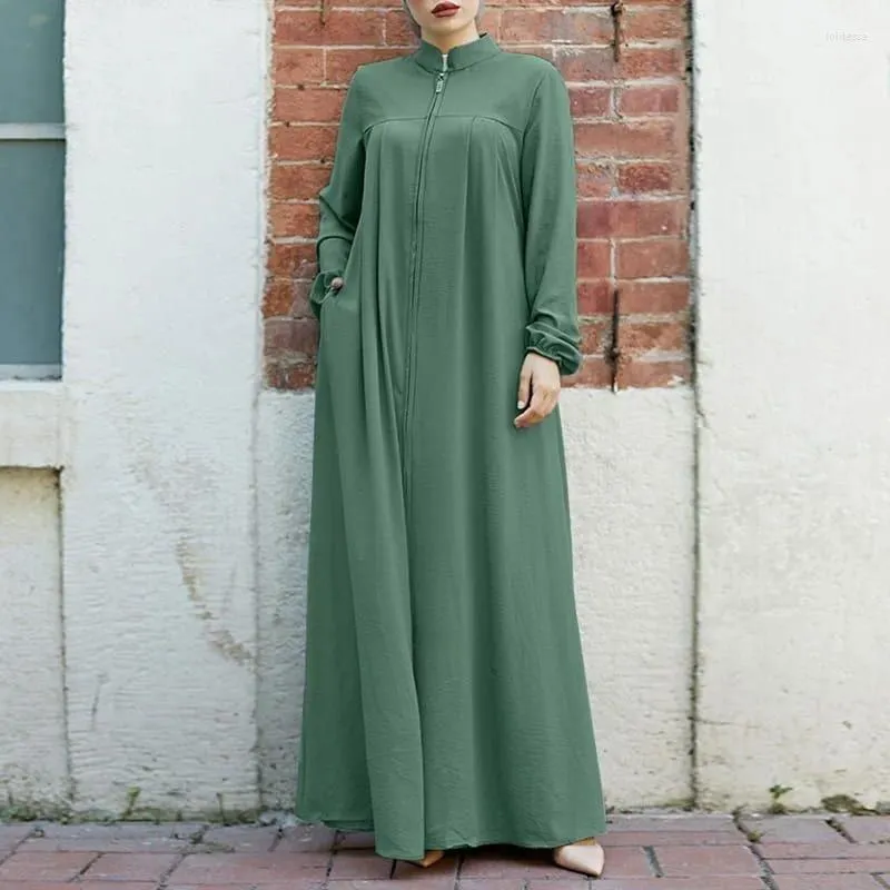 Повседневные платья в арабском стиле стоячая воротника на молнии абая для женщин темпераментное кардиган мусульманское платье весна с карманами винтаж