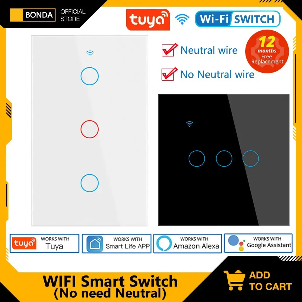 CONTROL SMART SWITCH INGEN NEUTRAL RF433 EU/US/BRAZIL STANDARD TUYA SMART LIFE APP fungerar med Google Home Alexa Touch Sensor WiFi Switches