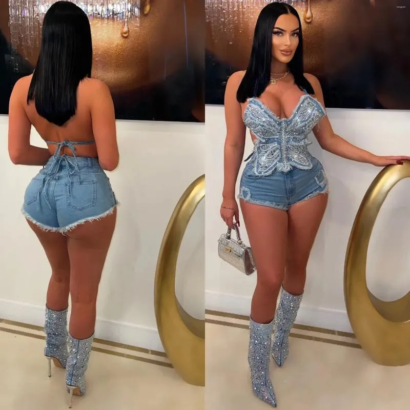 Dżinsy damskie 2 sztuki set Diamond Rhinestone Denim krótkie zestawy Summer Butterfly Hanter koronkowy uprawa szorty seksowne stroje klubowe