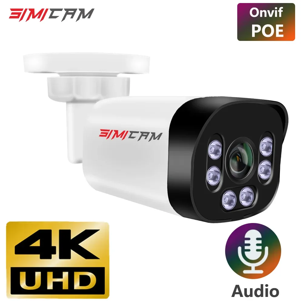 Obiektyw Simicam 4K Poe Camera z audio 48V POE/DC 12V 4MP/5MP/8MP Super HD Nocna wizja Bula Nadzór wideo dla NVR