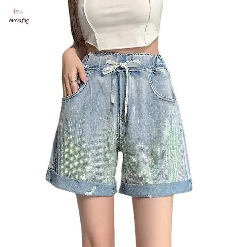 Kvinnors shorts 2024 Summer Short Jeans Diamond Oregelbundet trasa bred ben A-linje Lace-up koreansk stil hög midja bantning av kvinnors byxor y240420