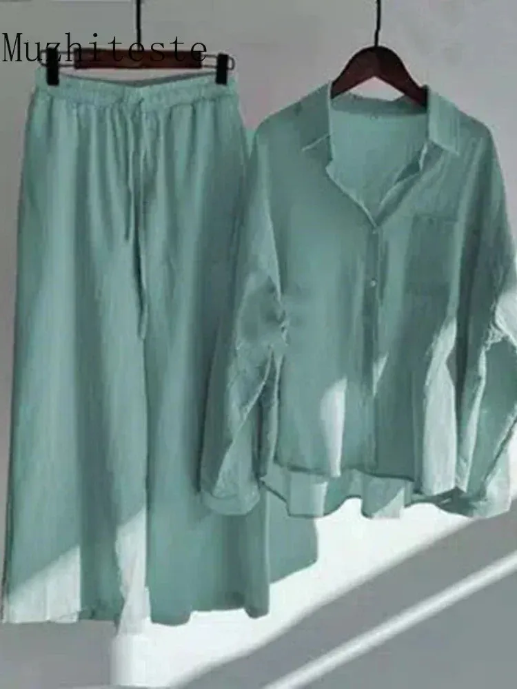 Chemise en coton surdimensionnée 2 pièces pour femmes plus pantalon haute taille ensemble de deux pièces de mode pour survêtement 240420