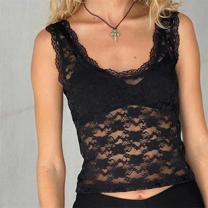 Women's Tanks Camis Xingqing Women Lace Top Sexy Party Vest S Through Hollow Out V Neck Slveless Mesh T Shirt y2k Aesthetic Clothing Strtwear Y240420