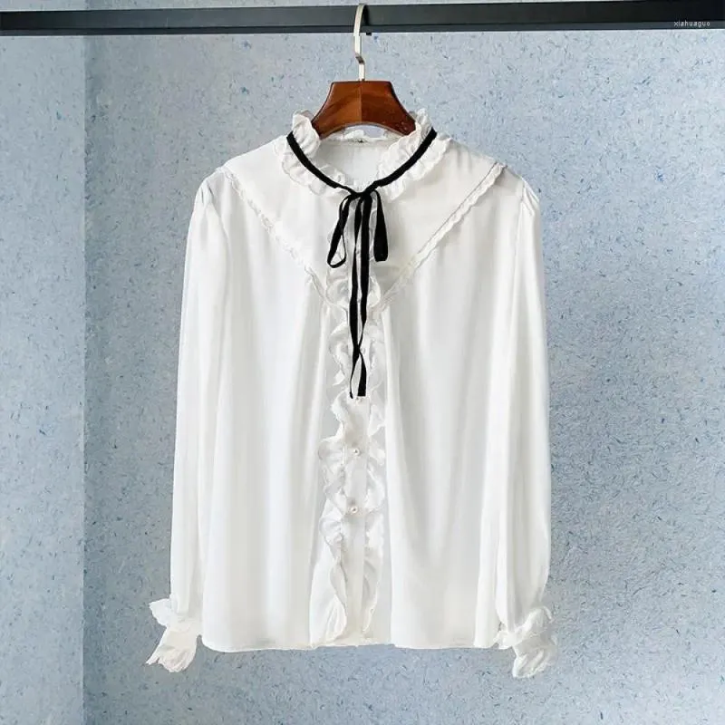 Kvinnor BLOUSES DESIGNER Märke White Stand Up Collar Single Breasted Shirt Women Retro Ruffles Long Sleeve Spring 2024 Kläder