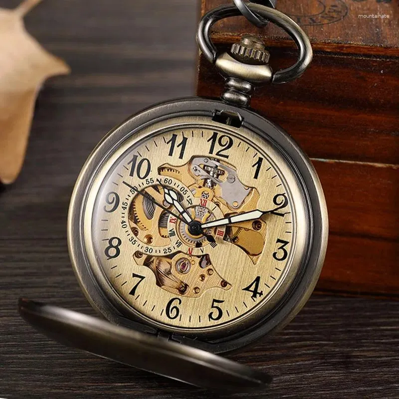 Pocket Watches Vintage Bronze Skeleton Hand Wind Mechanical Watch Men Steampuk Pendant Clock Chain with Arabic Sifferals