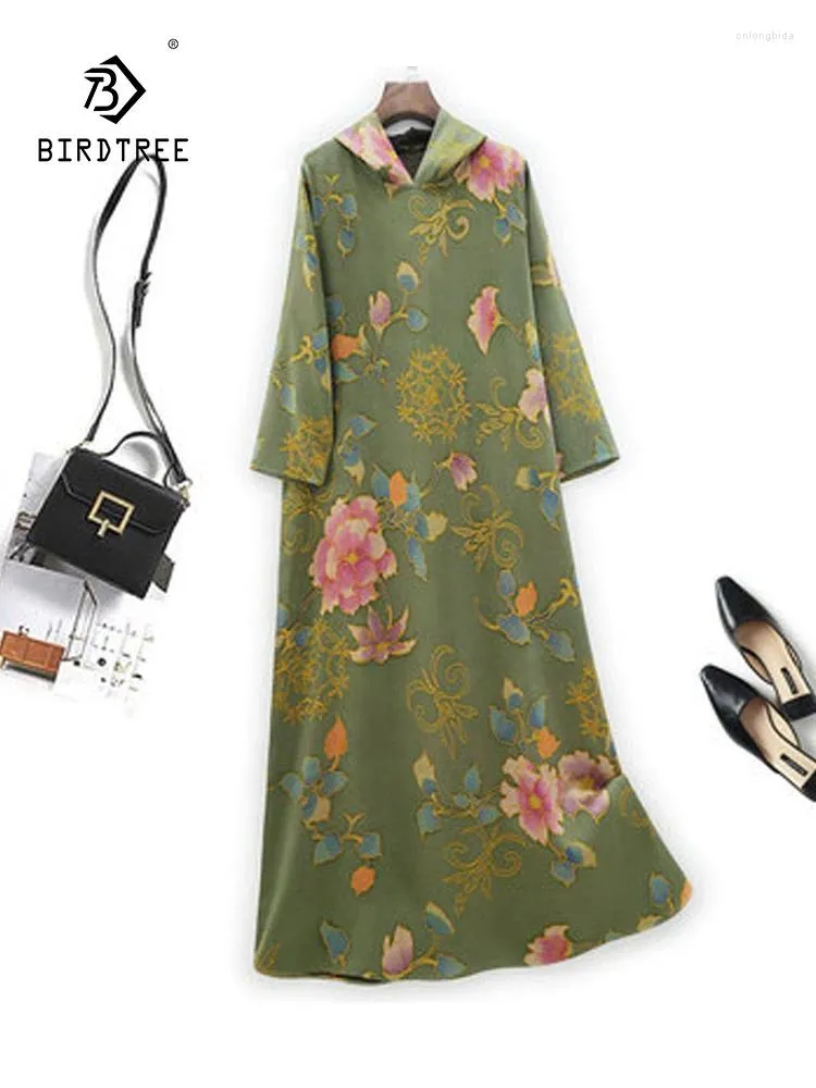 Casual Dresses Birdtree 60mm Mulberry Silk Handmålad Xiangyunsha Dress Women Vintage Hooded Double-Sided Wearing Versatile D3D434QC