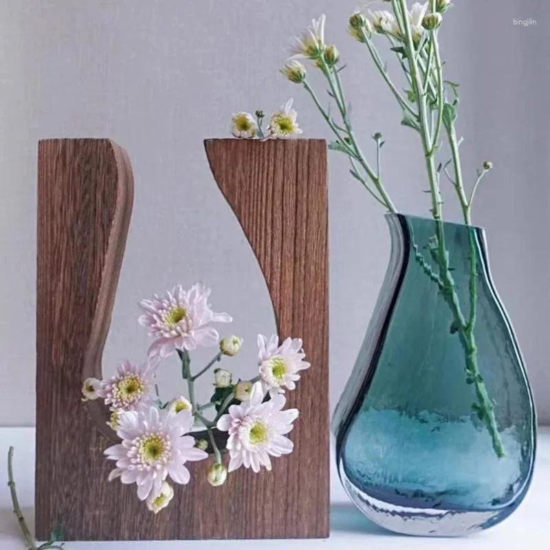 Vases Verbe Européenne en bois massif transparent Verre vert hydroponique Hydroponie Vase Designer Home Decor Ornements de bureau de la salle de planche EL