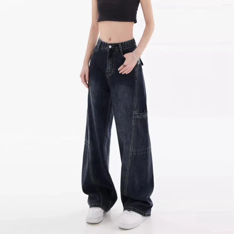 Jeans pour femmes American Grunge High Street Vintage Women Travail Workwear Wide Leg Taie multi-poche Longueur étage droit