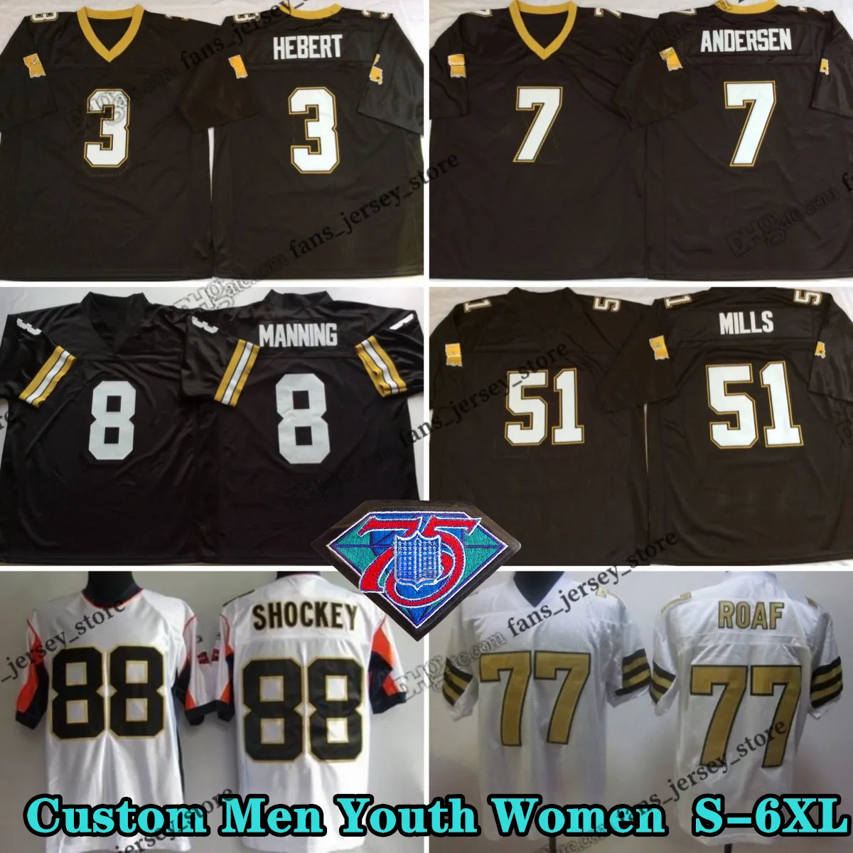 Custom 75th Throwback Football Jerseys Willie Roaf Rickey Jackson Jahri Evans Drew Brees Marques Colston Archie Manning Bobby Hebert