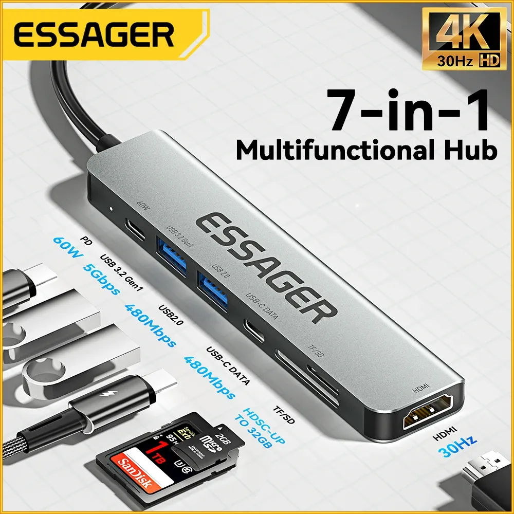 Stationer Essager USB Hub 7 i 1 USB C Hub PD60W USB Typ C till Multi USB 3.0 Adapter för MacBook Pro Air Huawei Mate 30 USBC 3.0 Splitter
