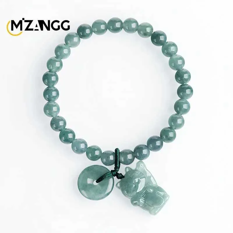 Chain Natural A Goods Jadeite Blue Water Fortune Cat Peace Buckle Bracelet Hand Woven Rope Mens and Womens Luxury Fashion Jewelry Y240420