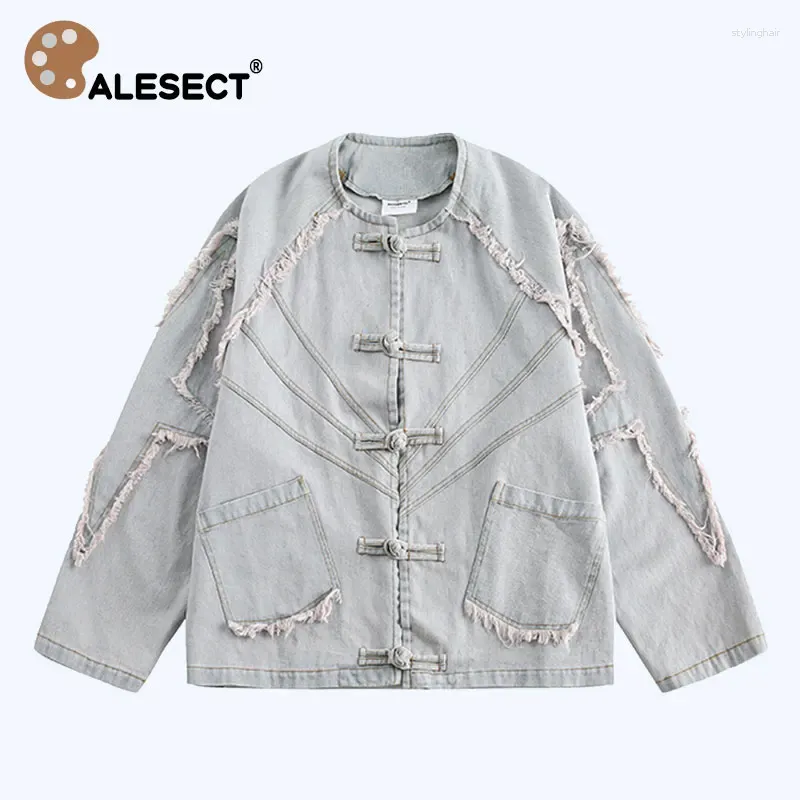 Women's Jackets CALESECT 2024 Aesthetic Patchwork Denim Jacket Women Distressed Oversized Coat Men Spring Streetwear Traditional Chinese