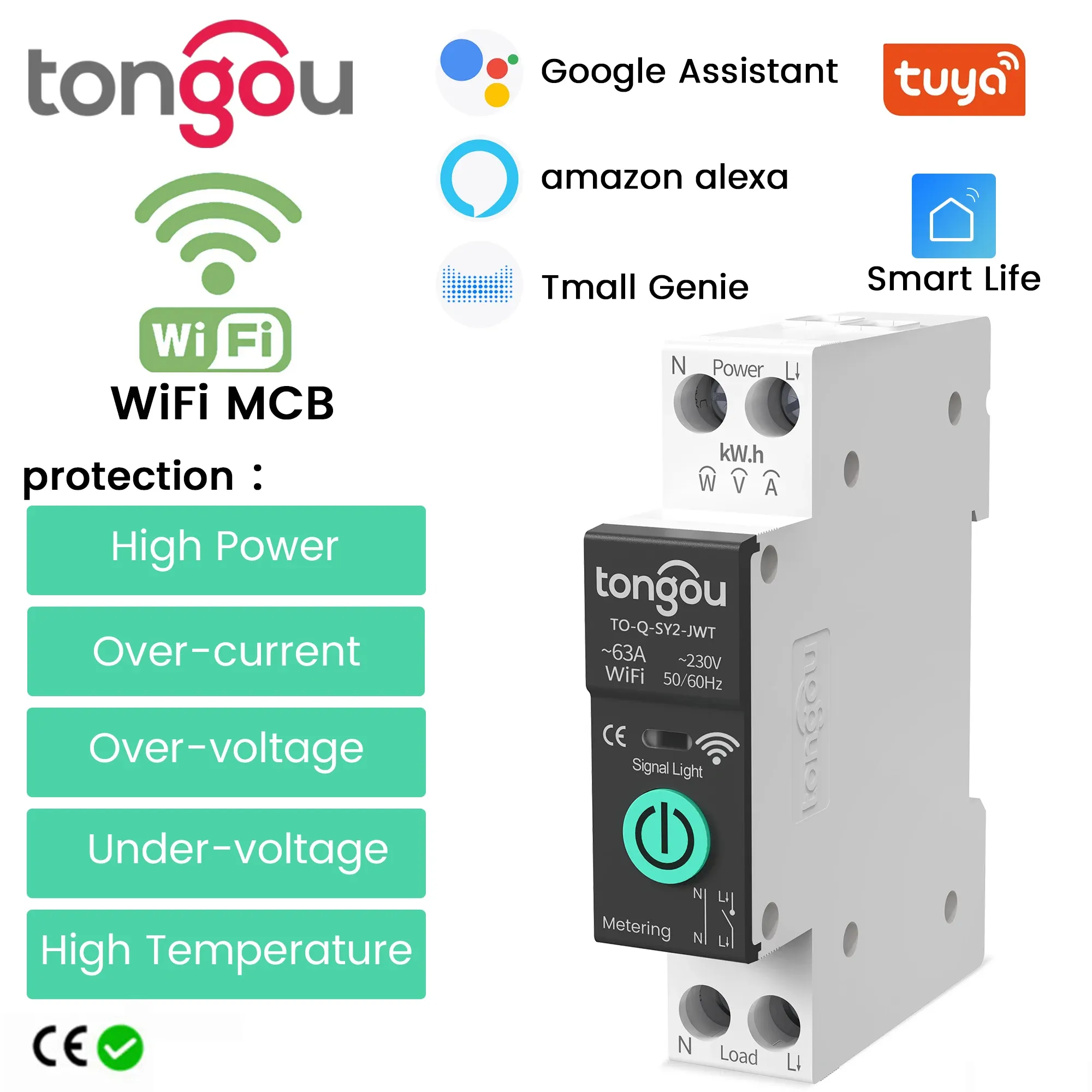 Kontrollera Tuya WiFi MCB Smart Circuit Breaker över ström under spänningsskydd Power Mätning 163A Trådlös fjärrkontrollomkopplare