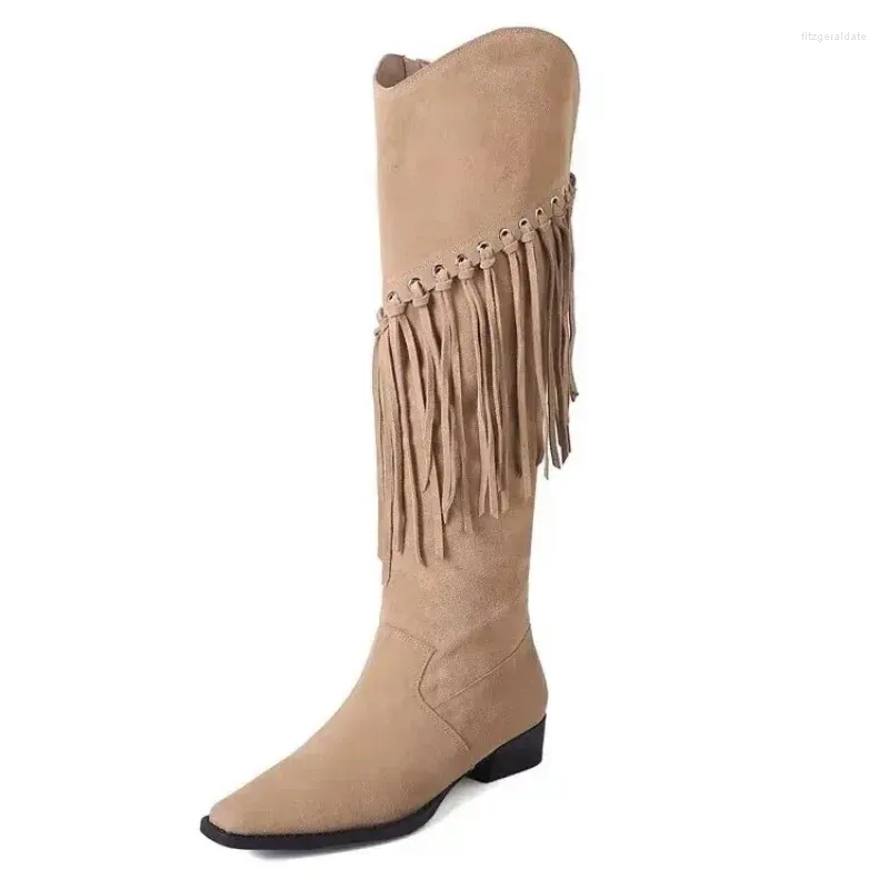 Boots Women Women Moda Fringed Cowboy Western retro inverno pontudo de ponta espessa feminina de outono Sapatos femininos