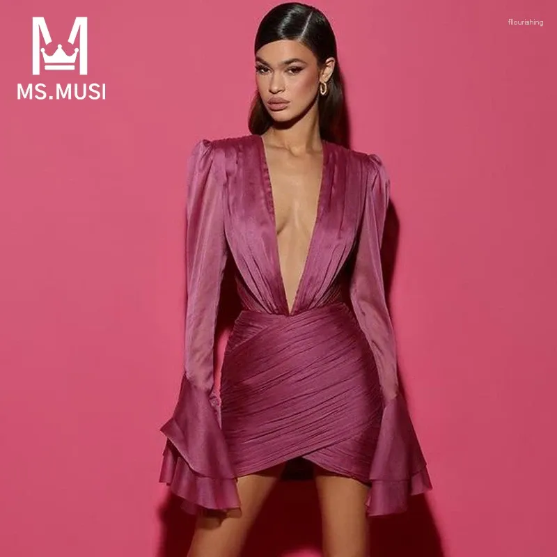 Casual Dresses MSMUSI 2024 Fashion Women Sexy V Neck Satin Fold Ruffles Flare Long Sleeve Bodycon Party Club Event Slim Mini Dress Vestidos