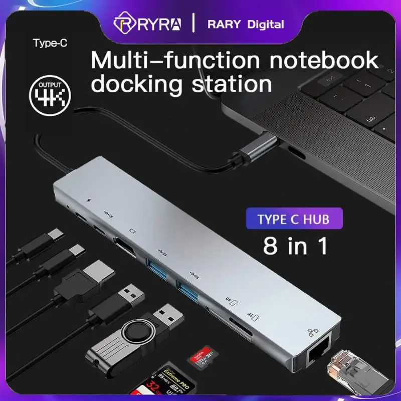 Hubs Ryra USB C Hub Type C до USB3.0 Dock Station USB C HDMI Network Port PD SD/TF Reader Reader RJ45 4K для аксессуаров для ПК USB 3.0 Hub