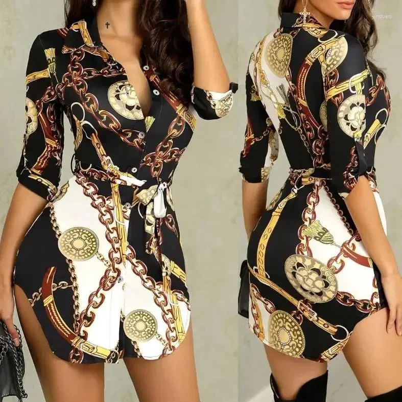 Robes décontractées 2024 Style Summer Long Blouse Llouse Fashion Chain Print Stand Collit Cold Twirt Vêtements