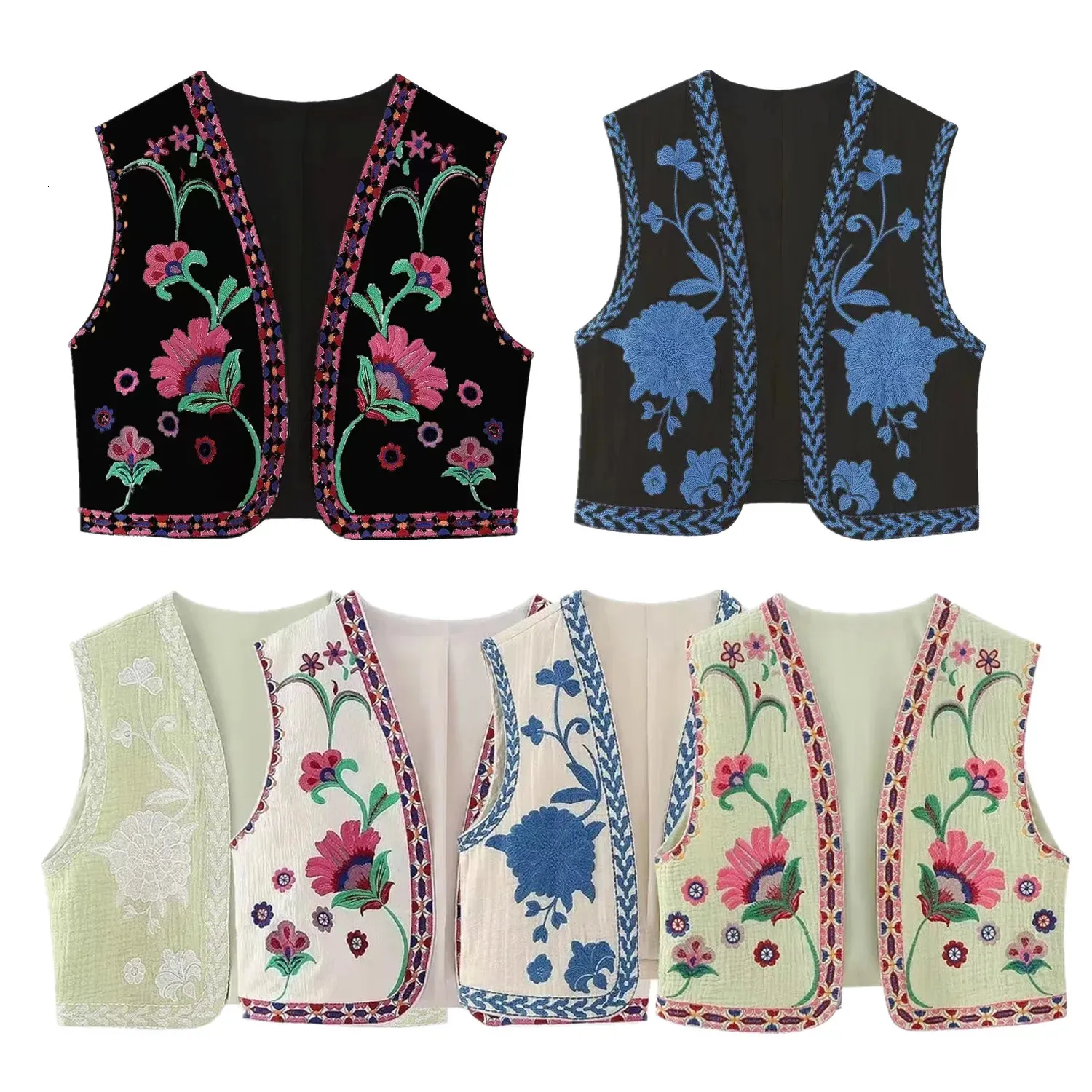 Keyanketiaanse vrouwen etnische stijl vestjacht set casual vakantie korte top dames vintage bloemen borduurwerk open taille jas 240420