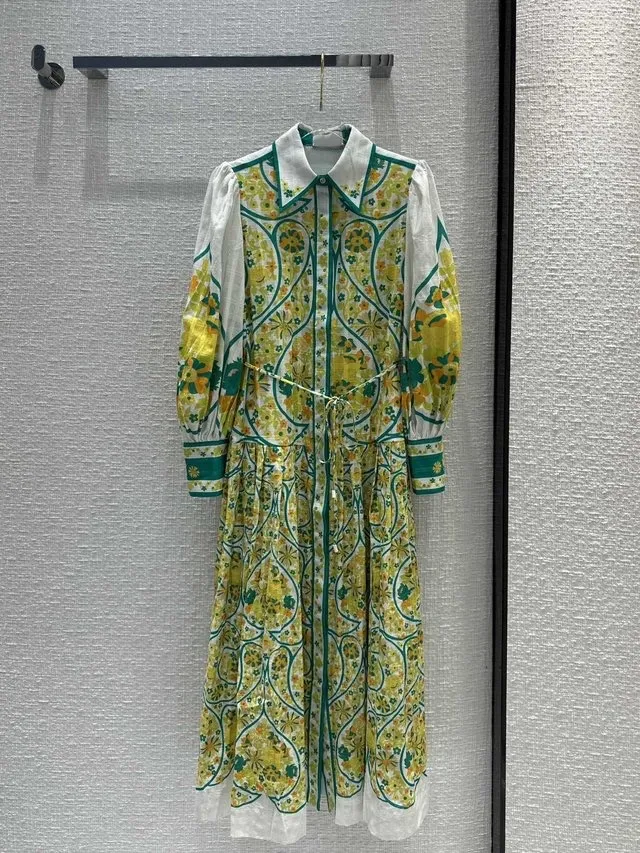 Milan Runway Dress 2024 Ny Spring Summer Lapel Neck Long Sleeve Print Fashion Designer Dresses Brand Samma stilklänning 0421-5