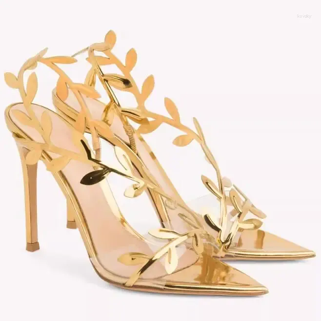 Sandálias Golden Rattan Leafs Cutout Saltos altos apontados de ponta aberta Sandalias Mulher Sexy Ball Shoes de festa de bola sexy