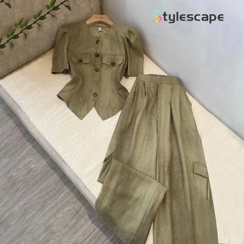 Women's Two Piece Pants Fashionable Socialite Stylish Irregular Bubble  Sleeve Top Cardigan Wide Leg Casual Suit Two-piece Set For Woman