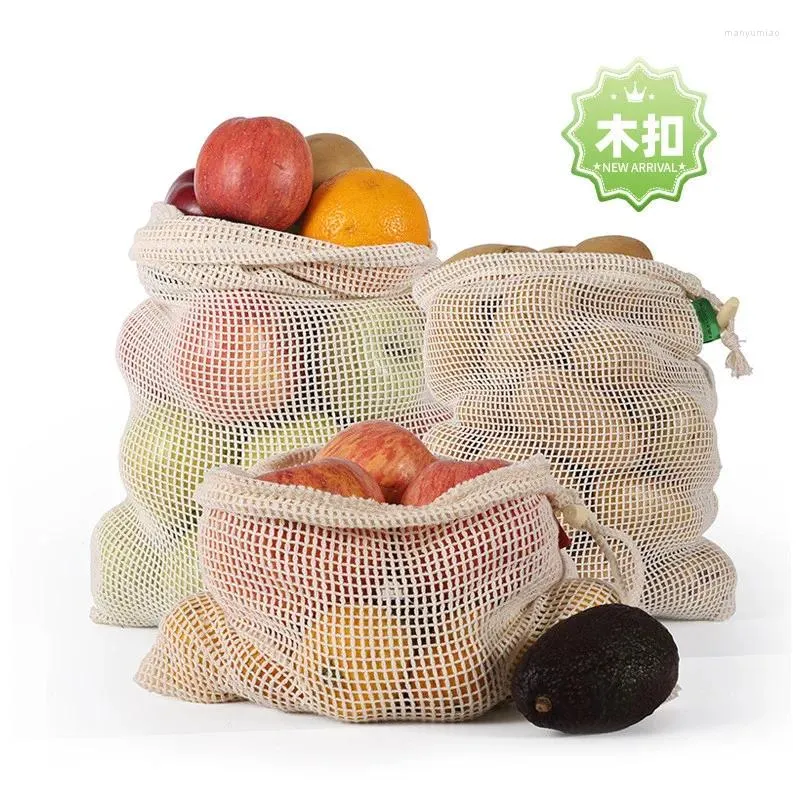 Storage Bags 1Pc Eco Cotton Mesh Vegetable Reusable Supermarket Shopping Bag Kitchen Fruit With Drawstring