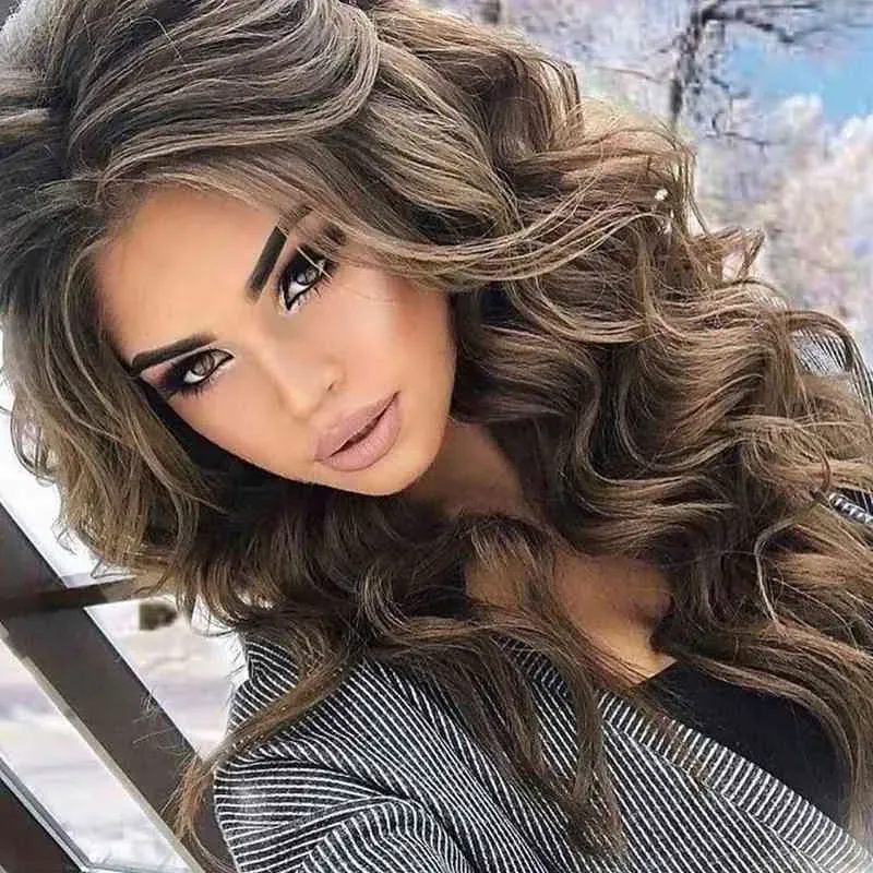 Wigs Wig Women's Mixed Brown Big Wave Medium Split Long Curly Hair Chemische Vezelkop Set 220816