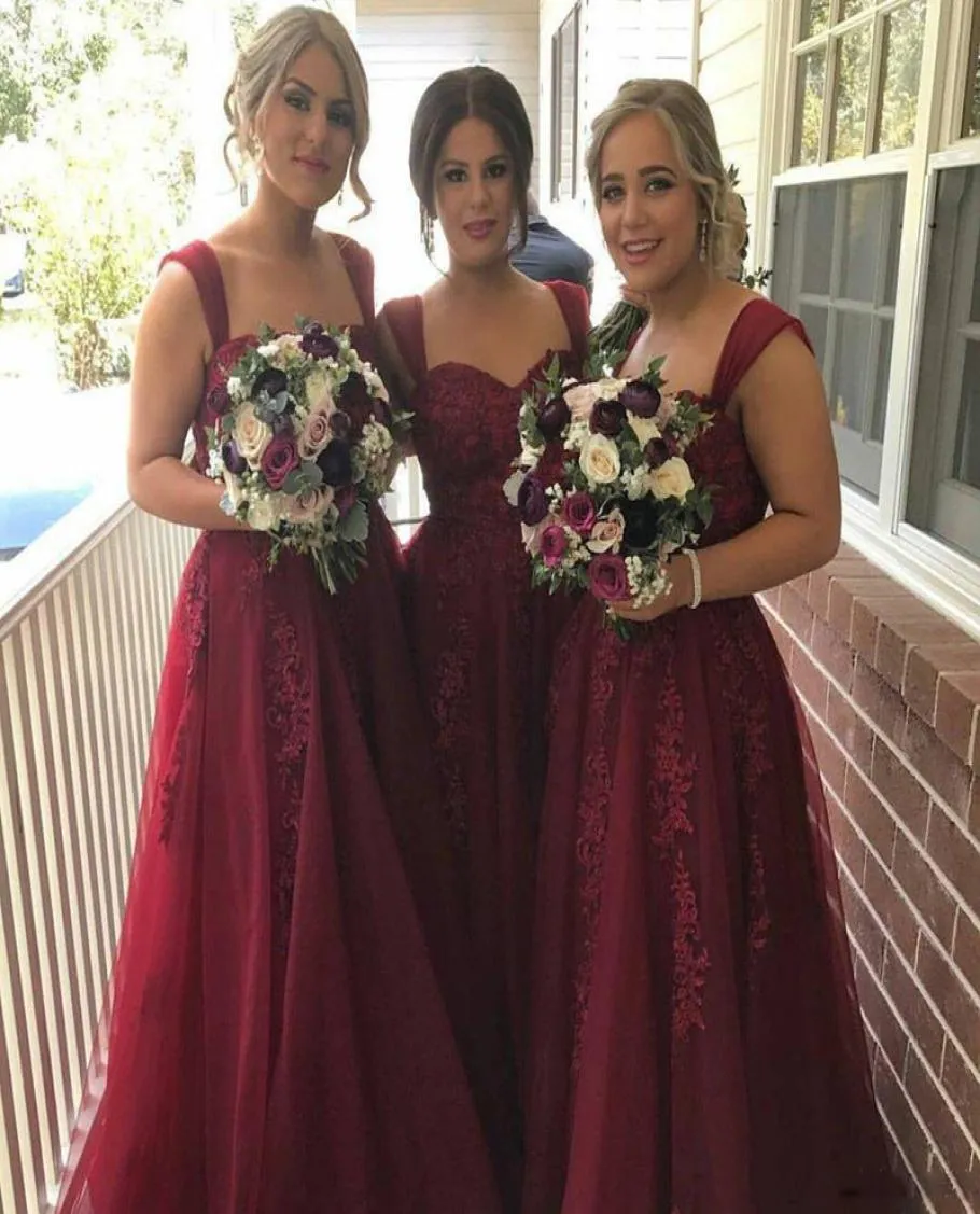 2016 Vintage Tiulle Burgundy Długie sukienki druhny aplikacje Sweetheart Specjalna okazja Linia Wino Red Wedding Women Party Suknia 3764709