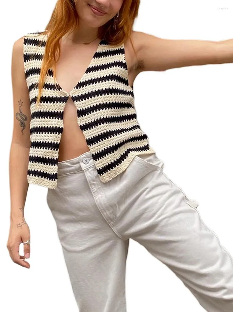 Damesvesten 2024 mode dames streep gebreide v-neck mouwloze voorkant één knop trui pullovers casual tanktops streetwear