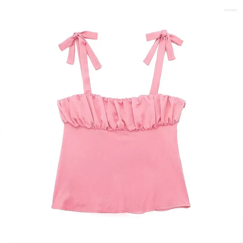 Damestanks zomer roze satijnen stropdas boog mouwloze halter backless sexy korte top 2024 bustier